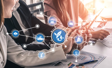 A dynamic business meeting scene featuring digital technology and a focus on sustainability...