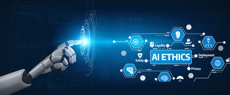 A robotic hand reaches toward a glowing light, representing the important themes of AI ethics such as safety, legality, and privacy within the tech landscape. Tesselの写真素材