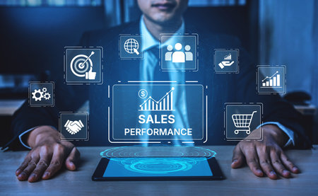 Digital sales performance dashboard showing sales performance metrics, performance trends, sales...