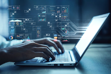 A big data visualization and business analytics dashboard grid. A complex collection of charts and...