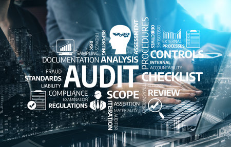This detailed image creatively illustrates the concept of audit, showcasing essential elements like analysis, compliance, and risk management, perfect for professional use. Tesselの写真素材