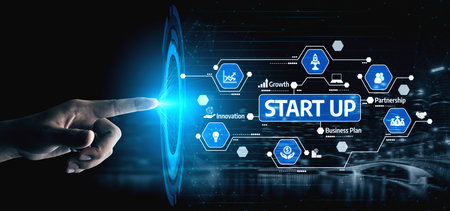 A creative depiction of a hand pointing at digital elements representing startup concepts such as...
