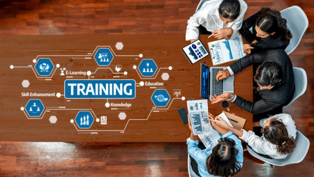 A diverse group of professionals collaborating in a training session focused on skill enhancement...
