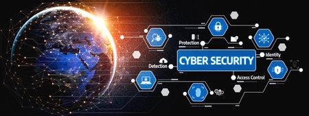 This image illustrates the concept of cyber security, showcasing a global network with icons...