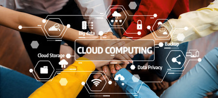 A diverse group of hands comes together to symbolize collaboration in cloud computing, emphasizing...