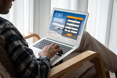 Online flight booking website provide modish reservation system . Travel technology concept .