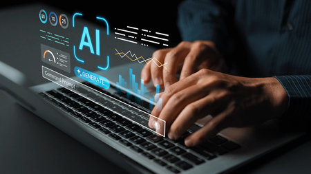 Hands Typing on a Laptop with AI Graphics and Digital Interface Representations for Technology and...