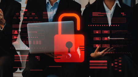 Business professionals engage in a strategic discussion about cybersecurity solutions while...