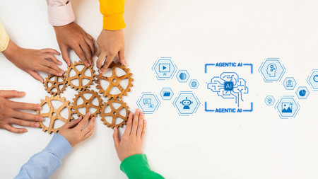 Hands Collaborating with Gears for Teamwork and Innovation in Artificial Intelligence and Technology...