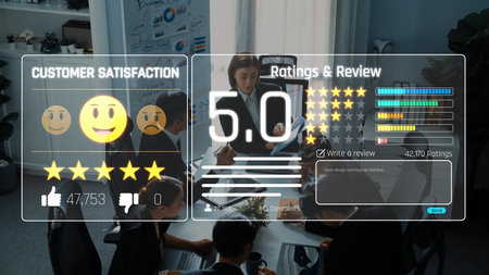 A group of professionals engaged in a business meeting, analyzing customer satisfaction ratings and...