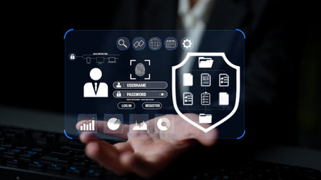 Modern Cybersecurity Concept with User Interface Elements Featuring Login Credentials, Data...