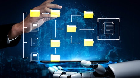 Futuristic Technology Concept with Robotic Hand Interacting with Digital Documents and Folders on a...