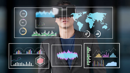 Businessman in Virtual Reality Headset Analyzing Global Data Visualizations and Graphs for Market...