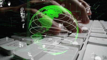 A captivating digital transformation scene featuring a glowing green globe on a keyboard,...