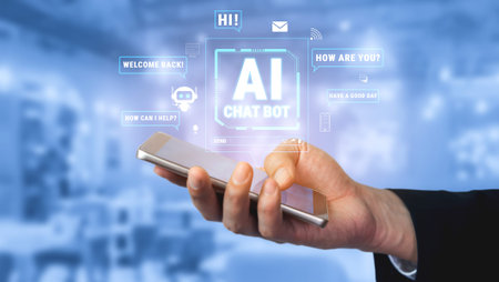 Hand Holding Smartphone Displaying AI Chat Bot Interface with Informative Text on Blue Blurred...