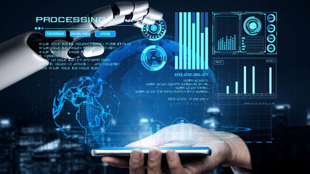 AI artificial intelligence drives data analytics with predictive models, smart dashboards, and...