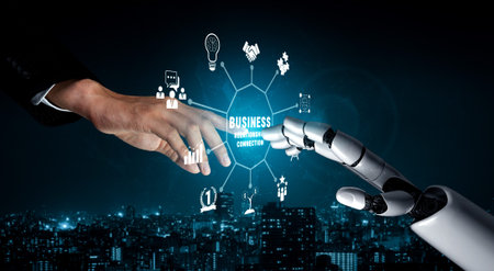 Futuristic Collaboration Between Human and Robot in a High-Tech Business Environment with Data...