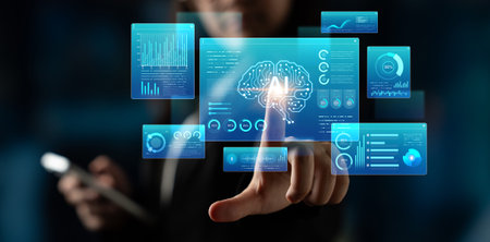Comprehensive AI monitoring dashboard featuring neural network brain AI core surrounded by various...