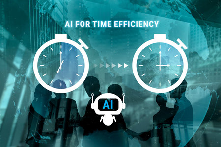 Conceptual Illustration of AI Enhancing Time Efficiency with Stopwatch Symbols and Business Team...