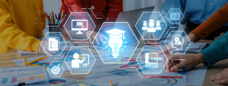 Education technology digital learning, training systems, and knowledge development. Futuristic...