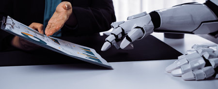 A robot hand interacts with a human during a business meeting, emphasizing innovation in data...