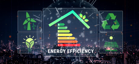 Modern Energy Efficiency Concept with Renewable Energy Symbols Against Urban City Background in Technological Design Quark.の写真素材