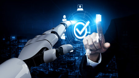 AI powers quality assurance through intelligent control systems, compliance monitoring, and virtual assistants to ensure product excellence. Vouchの写真素材