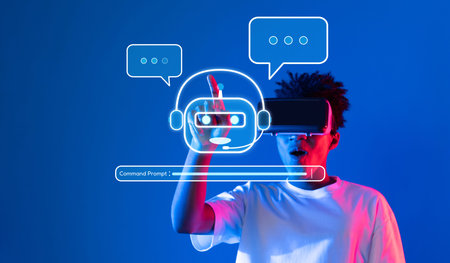 A dynamic scene showcasing the intersection of virtual reality and generative AI chatbots,...