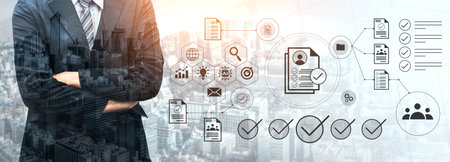 A businessman stands confidently in a suit, observing digital graphs and icons representing data...