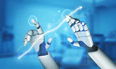 A pair of futuristic robotic hands are depicted reaching towards a rising graph, symbolizing growth...