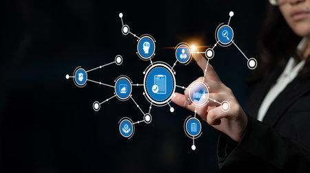 A businesswoman engages with a futuristic digital interface, showcasing the intersection of...