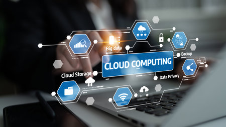 Visual representation of cloud computing concepts featuring data privacy, backup solutions, and...
