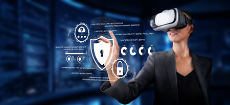 A professional woman engages with a virtual reality headset, exploring cyber security concepts while...