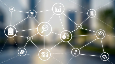 KPI icons show performance metrics, goals, and achievement measurement. KPI helps business track...
