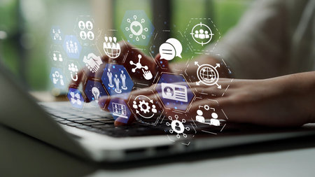 People networking and digital community with teamwork, partnership, collaboration and connection...