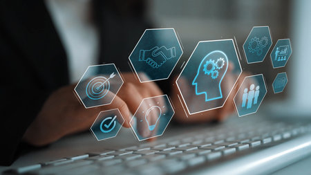 Head with gear and icons representing learning, digital training, and development process, showing...
