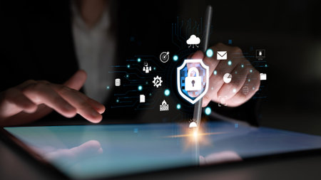 Modern Digital Security Concept with Hand Holding Stylus, Protecting Data and Privacy on Tablet...