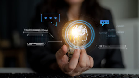 AI neural head with data connections and speech bubbles symbolizing smart data generation, learning,...