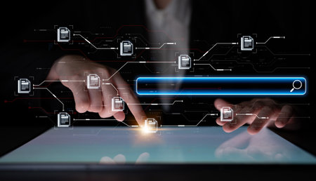 AI search engine concept visualizes connected documents through digital process and data search...