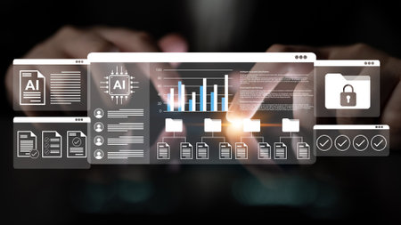 A futuristic digital interface illustrates data management and artificial intelligence features,...