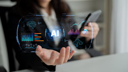 Futuristic AI analytics display realtime dashboards, forecasting and cloud monitoring, helping...