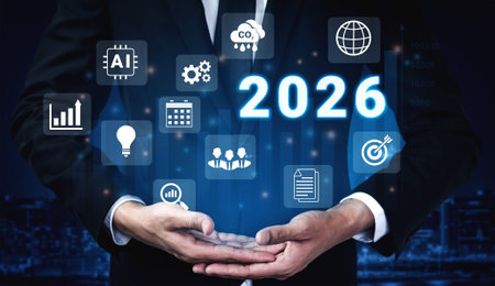 Digital icons, analytics symbols, and glowing number 2026 representing business goals, innovation,...