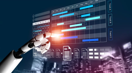 A robotic hand interacts with a digital project management dashboard, showcasing futuristic...