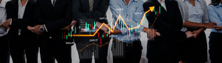 A diverse group of business professionals stands together with a financial growth chart overlay,...
