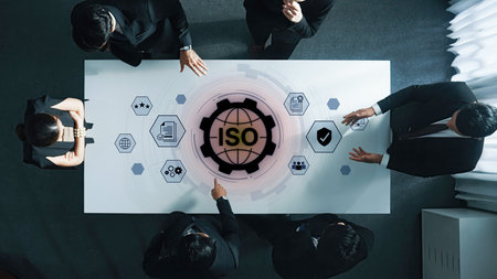 Concept of ISO certification for business quality management. This international standard ensures...