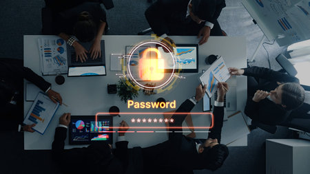 A concept of user authentication and password security. The interface shows a password strength...