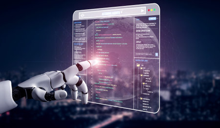 Futuristic Robot Hand Interacting with Holographic Interface and Programming Code in Urban...