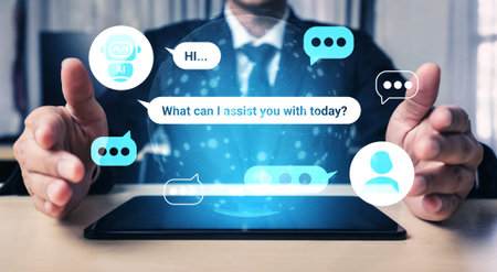 A business professional engages with a futuristic chatbot interface on a tablet, showcasing digital...