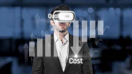 A businessman wearing a virtual reality headset engages with data graphs and market trends while...