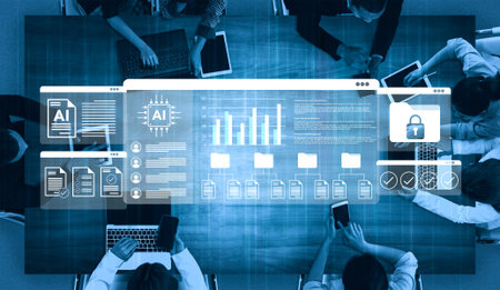 A modern office scene showcasing teamwork with digital tools, AI interface, and data analysis,...